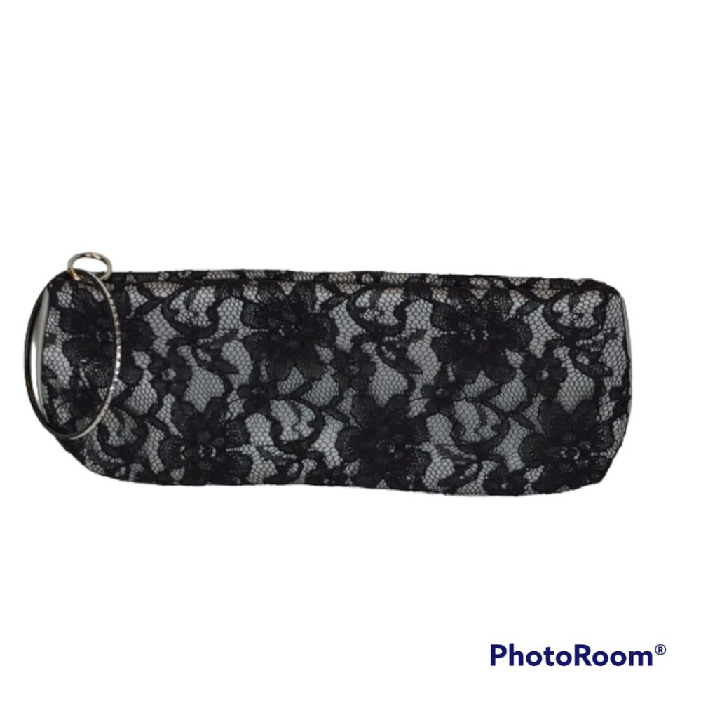 La Rue Black Floral Lace Over Silver Satin Sparkling Bangle Zip Wristlet/Clutch